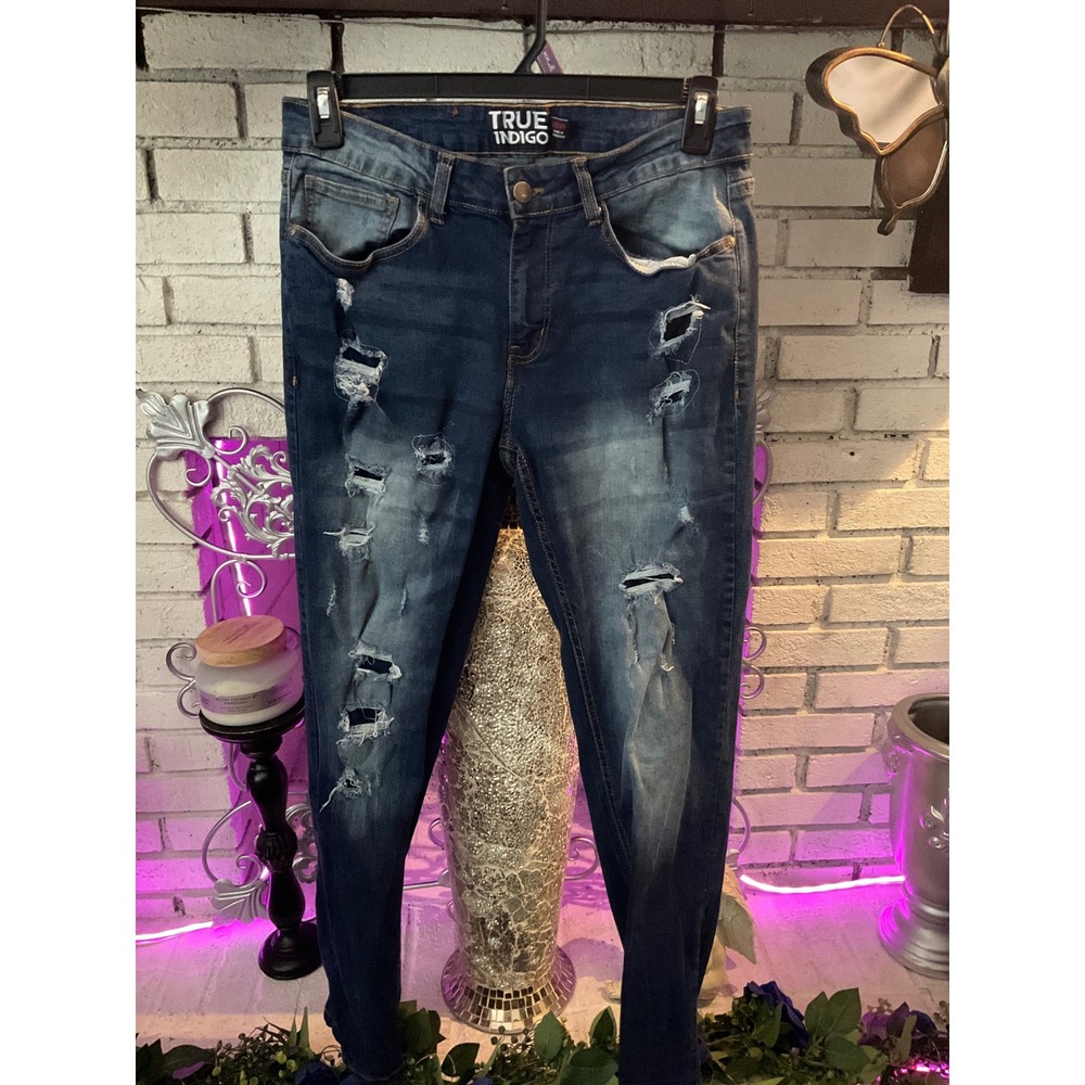 True Indigo Mens Distressed Skinny Jeans Dark Wash Ripped Denim 32x30
